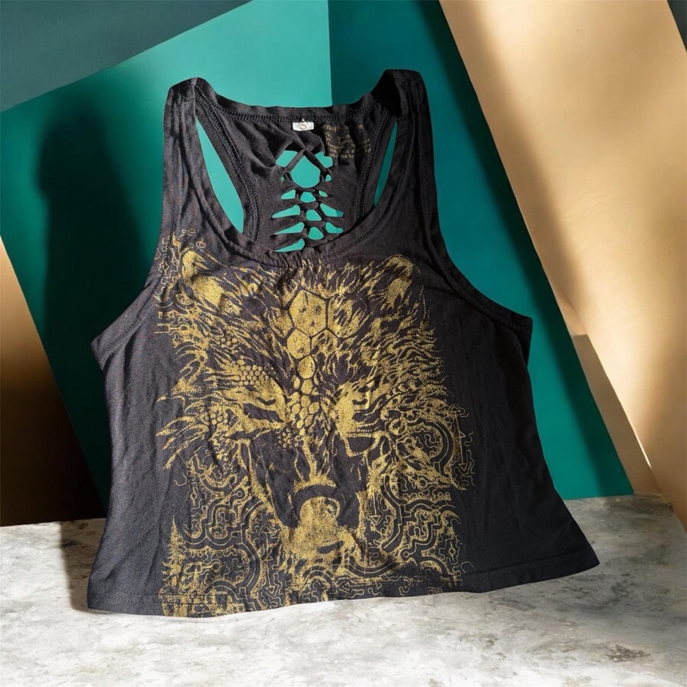 Hand Knotted Bamboo Women's Wolf Festival crop top - WORN 1x!